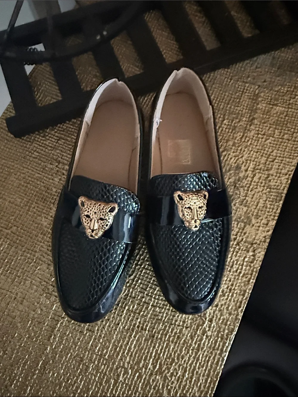 Girls Black Moccasin Loafers with Gold Cat Accent